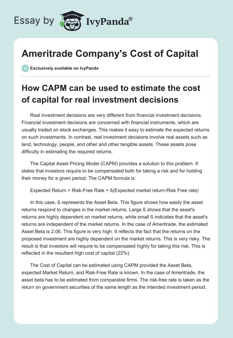 Ameritrade Company's Cost of Capital. Page 1
