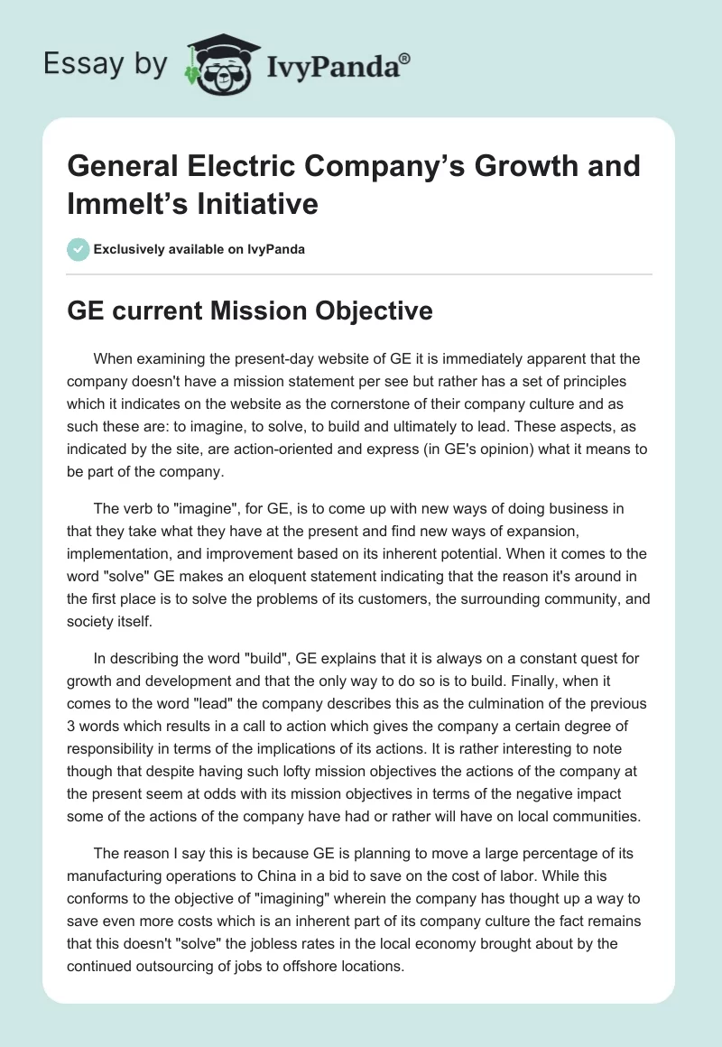 General Electric Company’s Growth and Immelt’s Initiative. Page 1