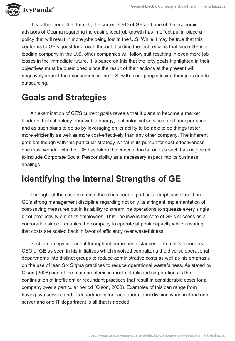 General Electric Company’s Growth and Immelt’s Initiative. Page 2