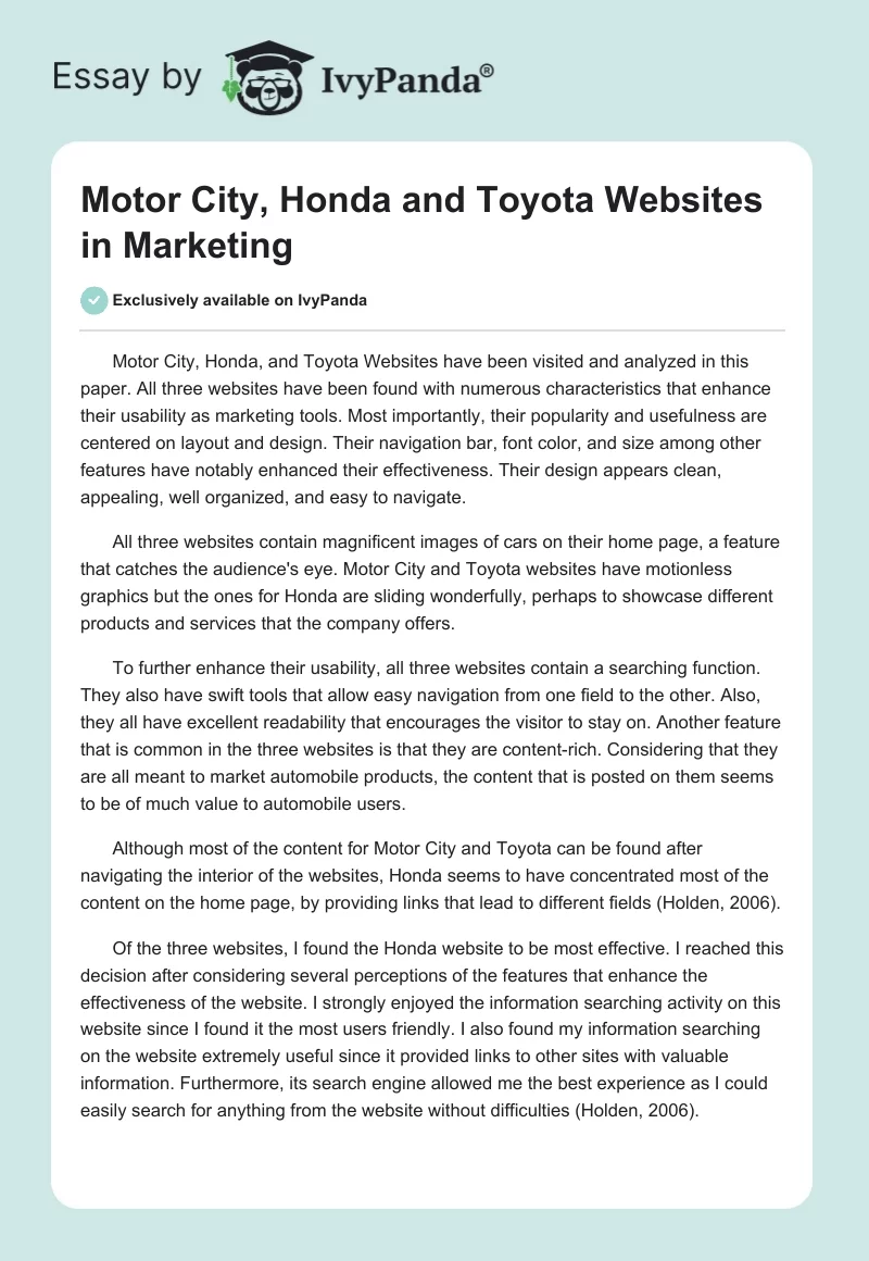 Motor City, Honda and Toyota Websites in Marketing. Page 1
