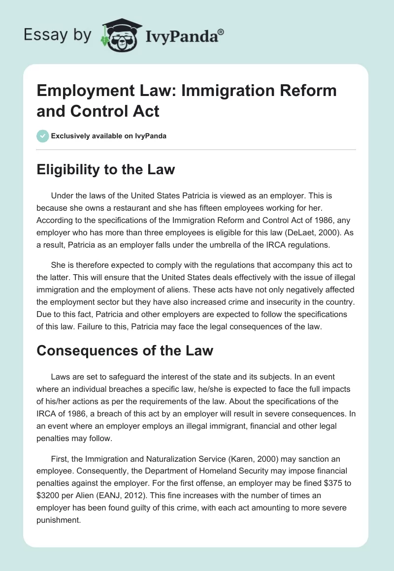 Employment Law: Immigration Reform and Control Act. Page 1