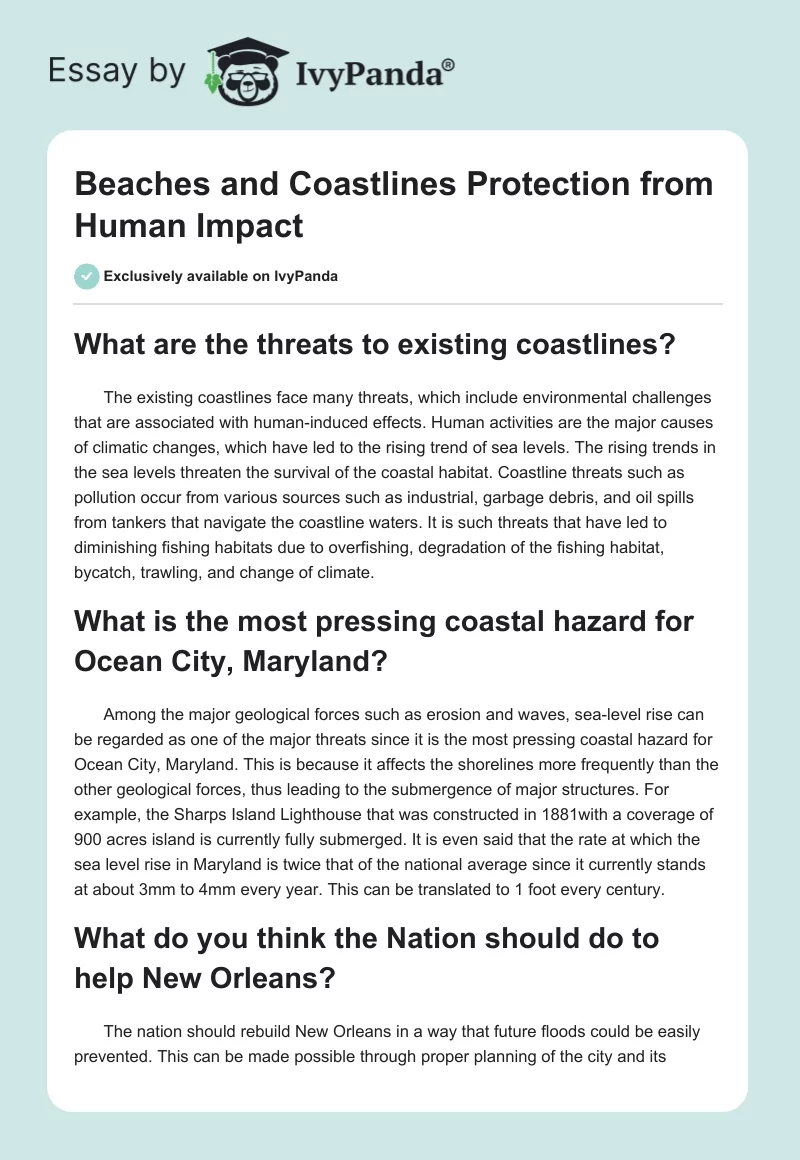 Beaches and Coastlines Protection from Human Impact. Page 1