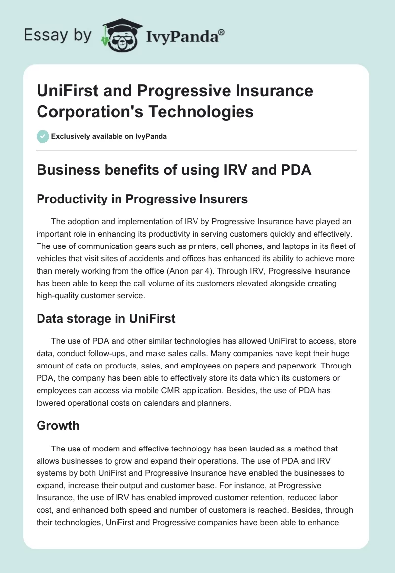 UniFirst and Progressive Insurance Corporation's Technologies. Page 1