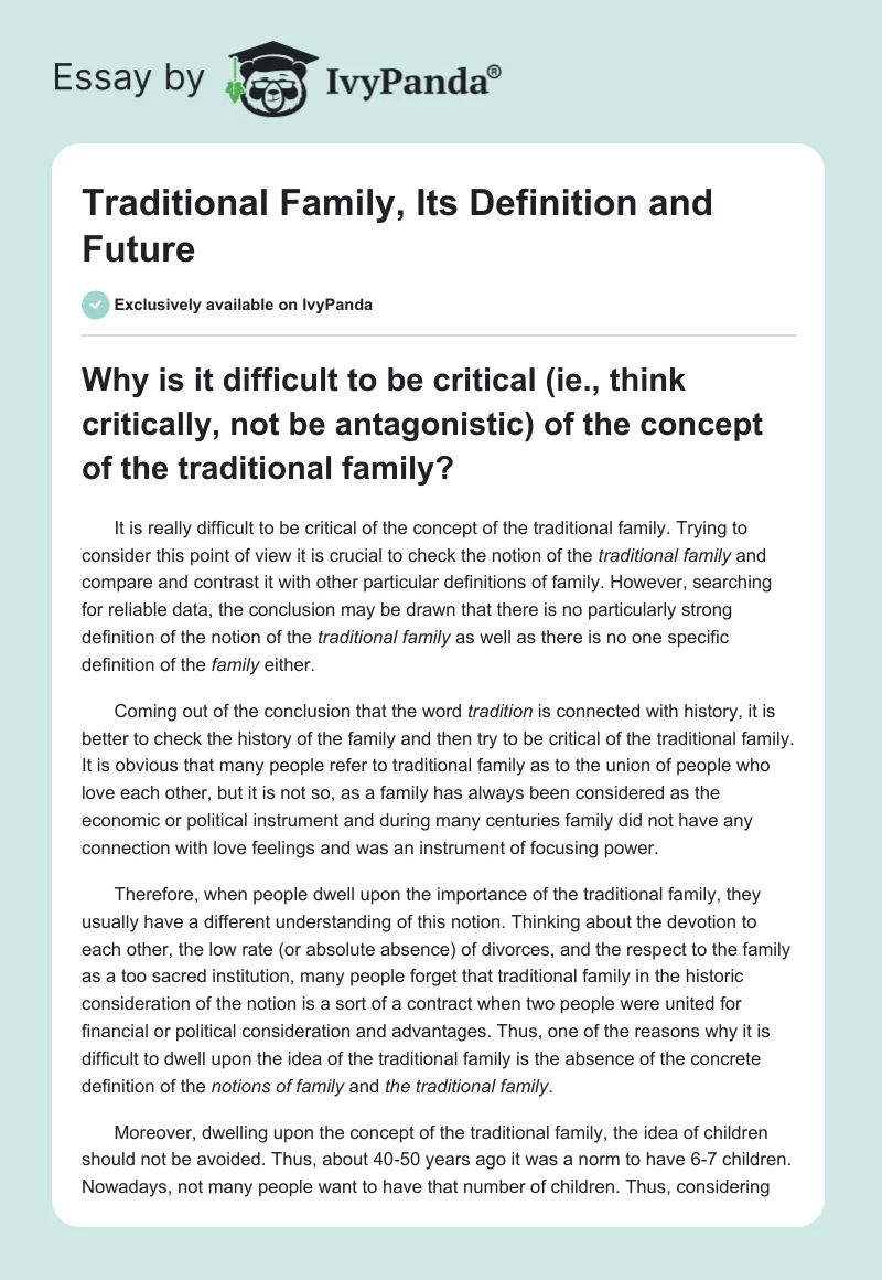 Traditional Family, Its Definition and Future. Page 1