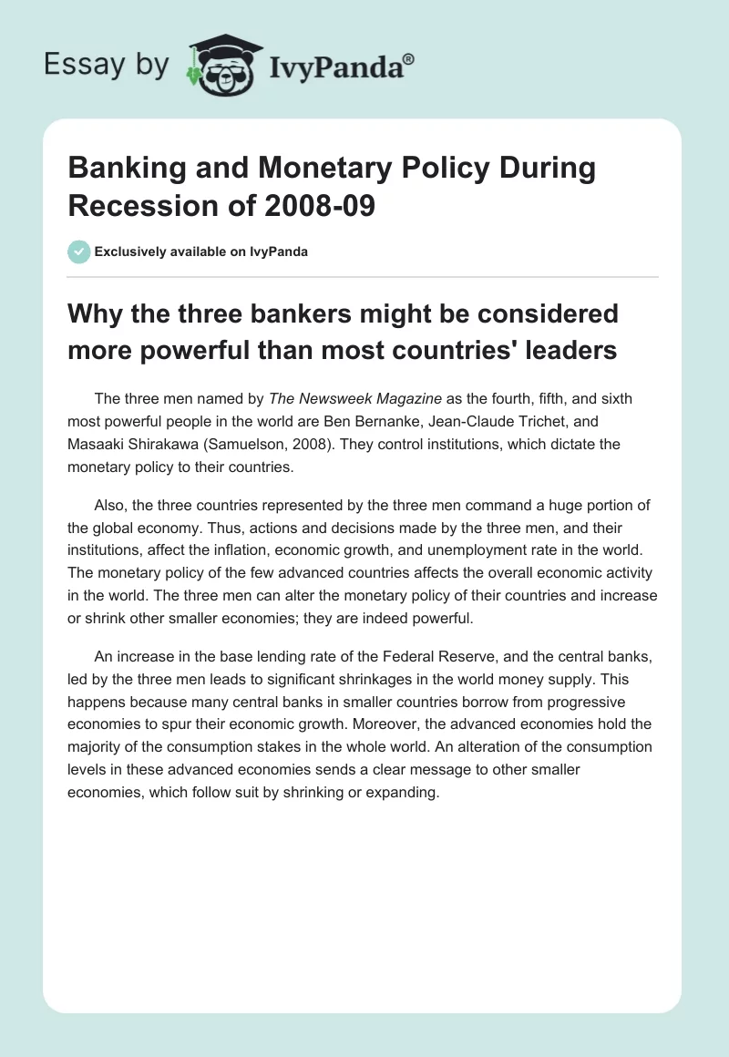 Banking and Monetary Policy During Recession of 2008-09. Page 1