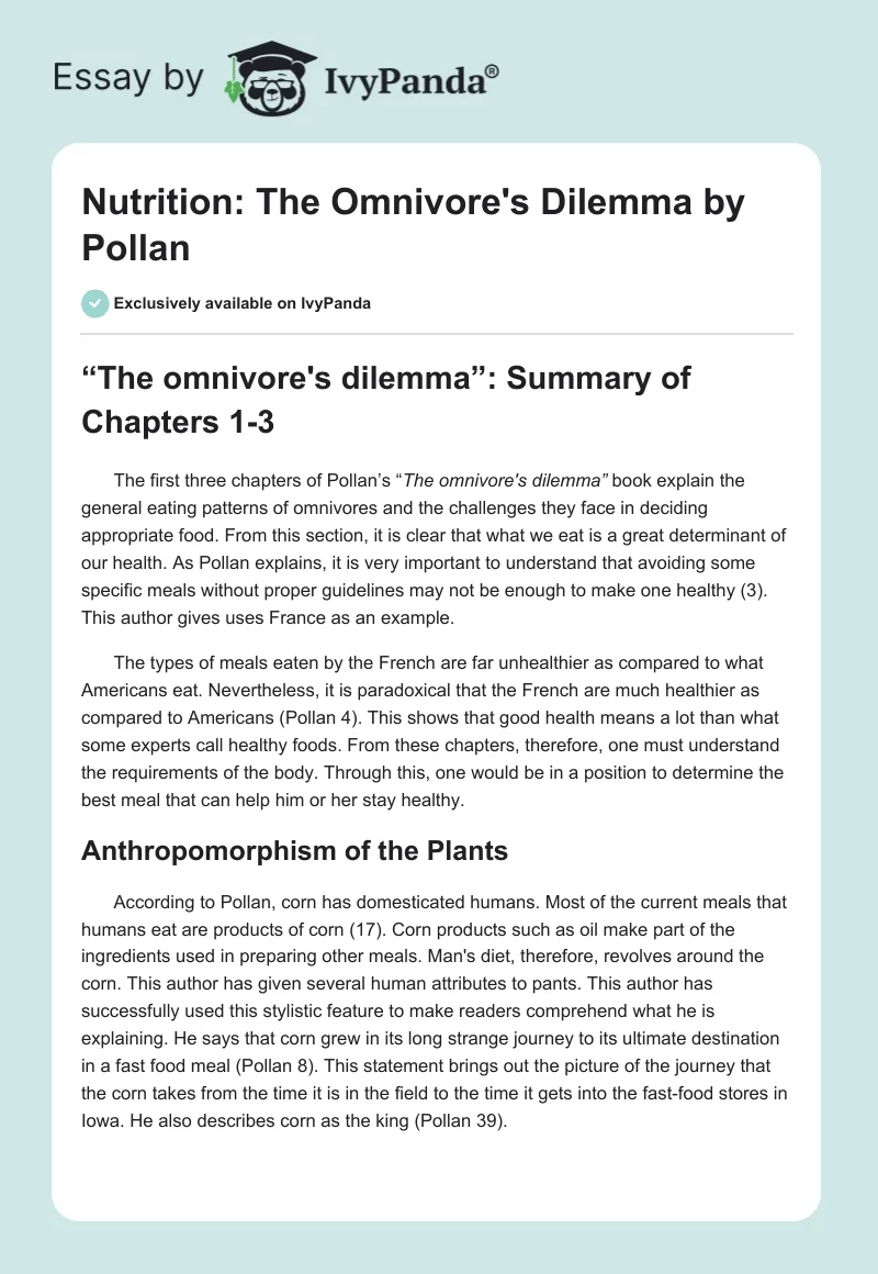 Nutrition: "The Omnivore's Dilemma" by Pollan. Page 1