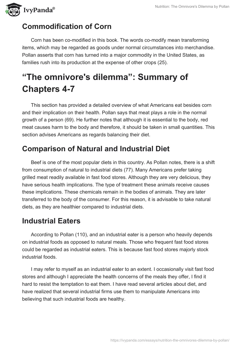 Nutrition: "The Omnivore's Dilemma" by Pollan. Page 2