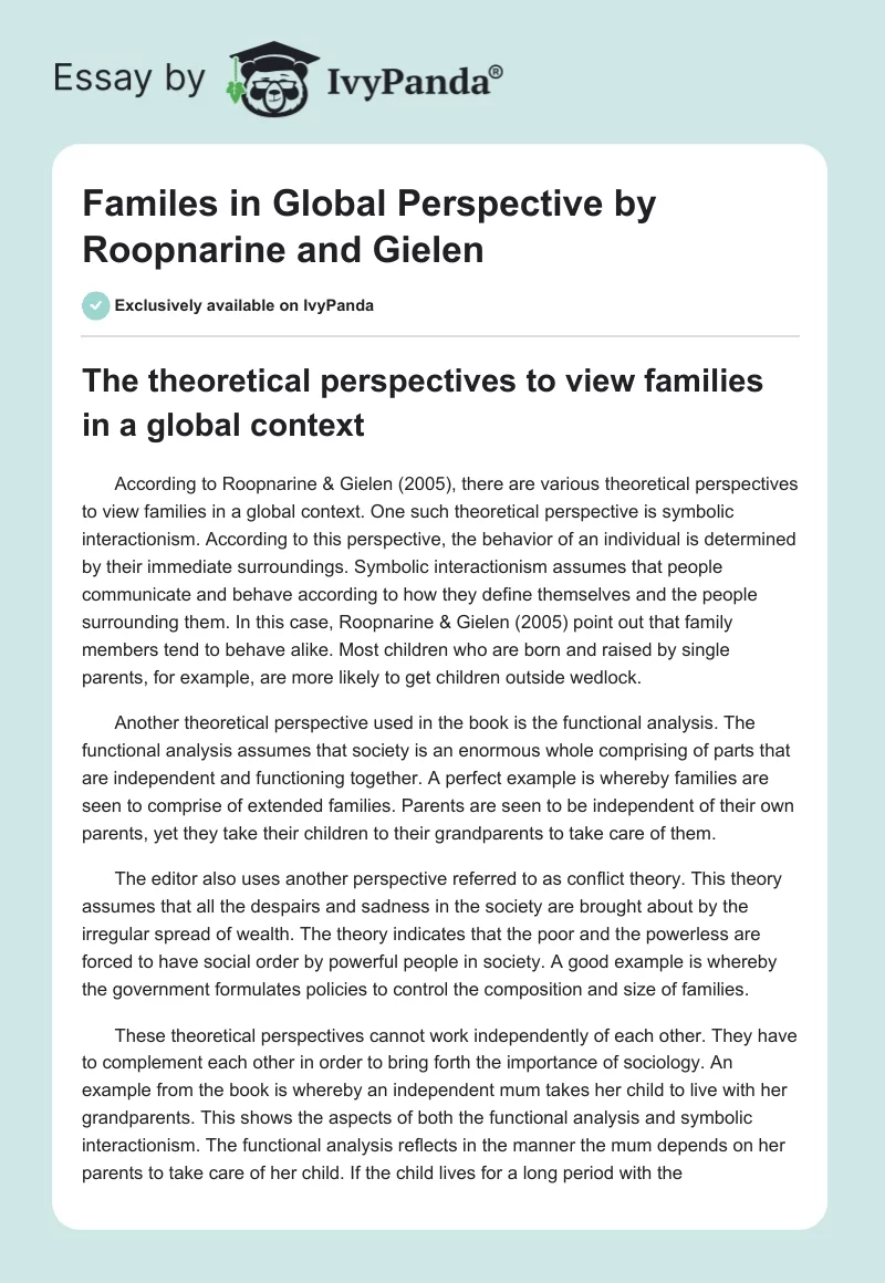 "Familes in Global Perspective" by Roopnarine and Gielen. Page 1
