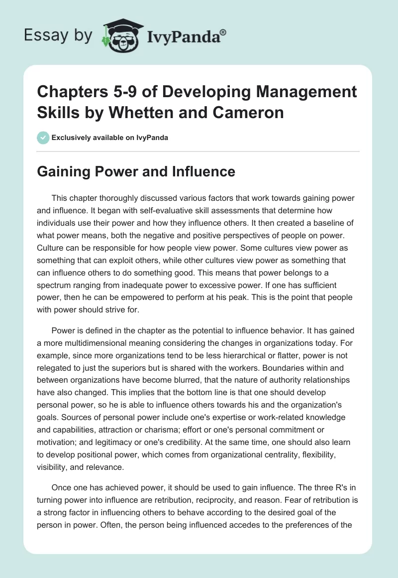 Chapters 5-9 of "Developing Management Skills" by Whetten and Cameron. Page 1