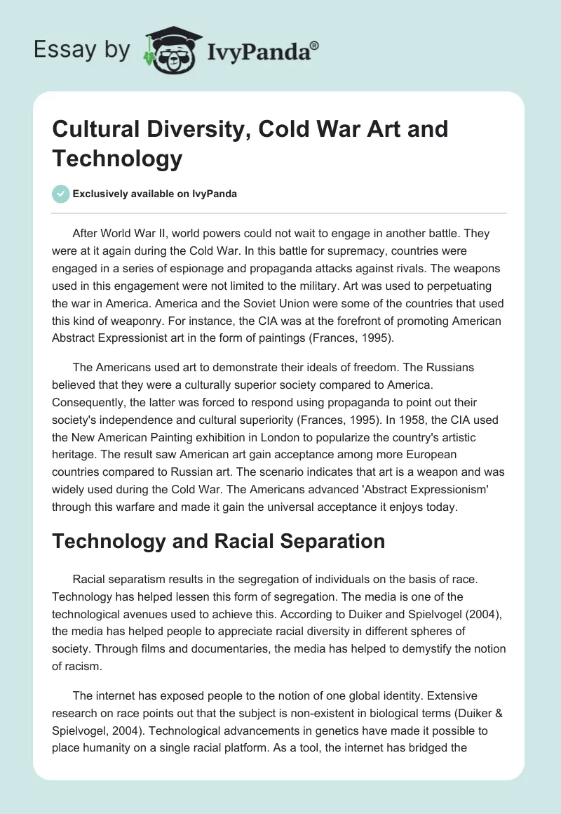Cultural Diversity, Cold War Art and Technology. Page 1
