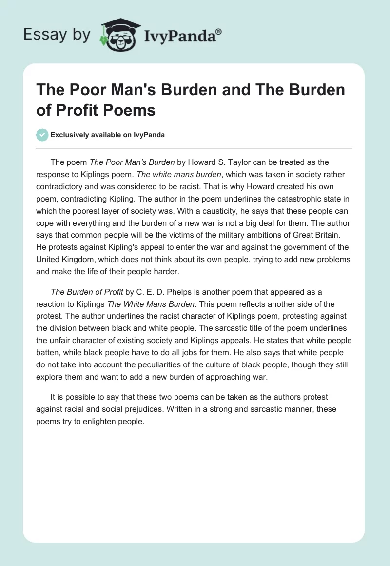 "The Poor Man's Burden" and "The Burden of Profit" Poems. Page 1