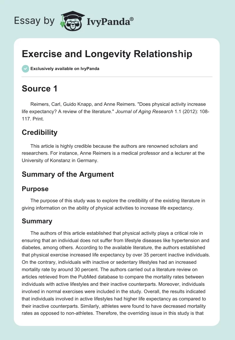 Exercise and Longevity Relationship. Page 1