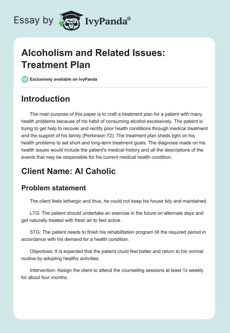 Alcoholism and Related Issues: Treatment Plan. Page 1