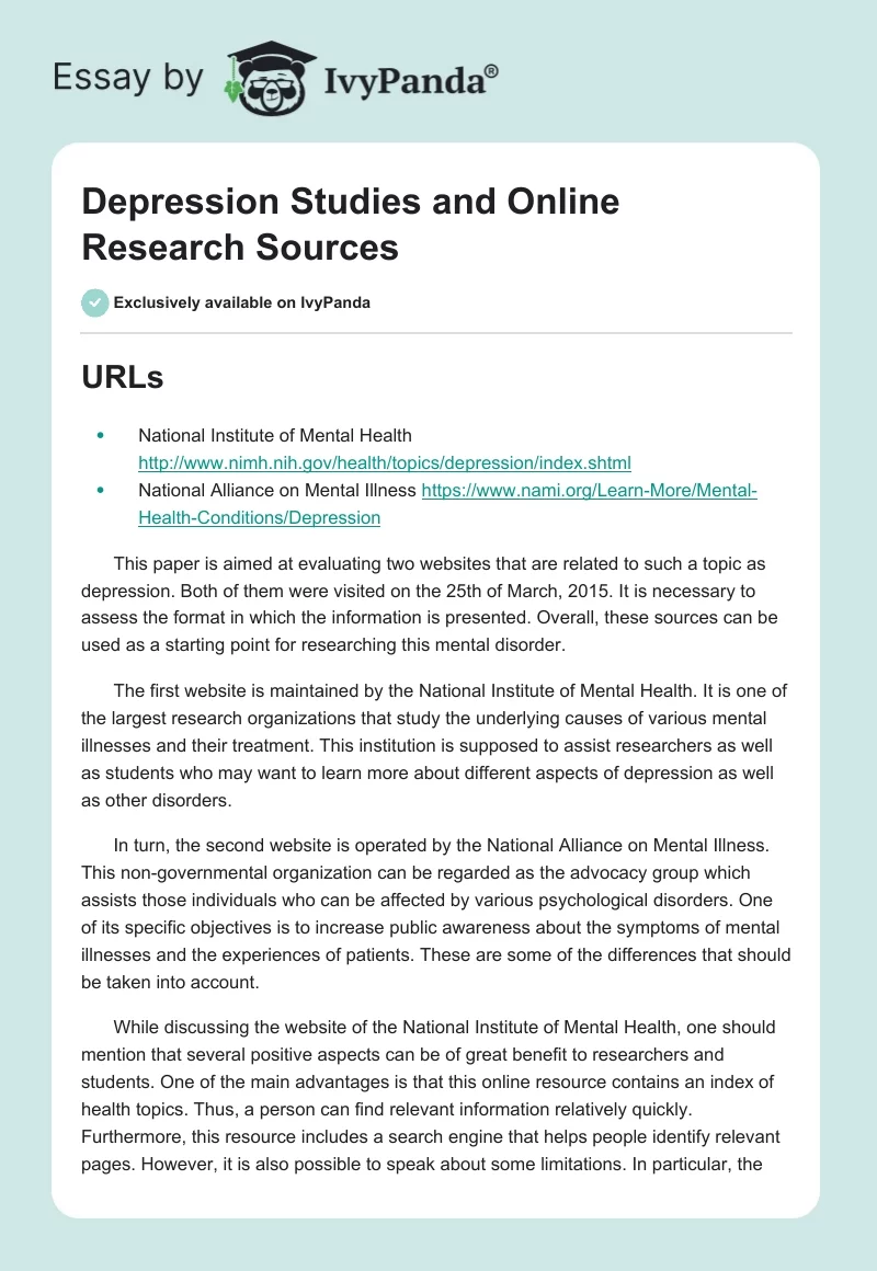 Depression Studies and Online Research Sources. Page 1