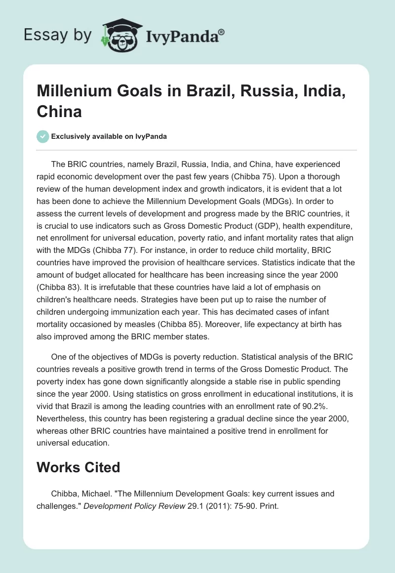 Millenium Goals in Brazil, Russia, India, China. Page 1