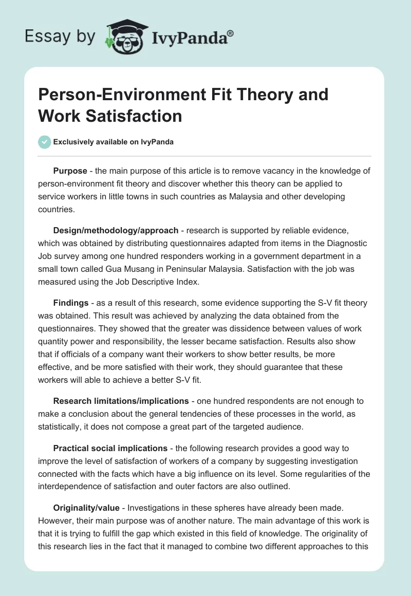 Person-Environment Fit Theory and Work Satisfaction. Page 1