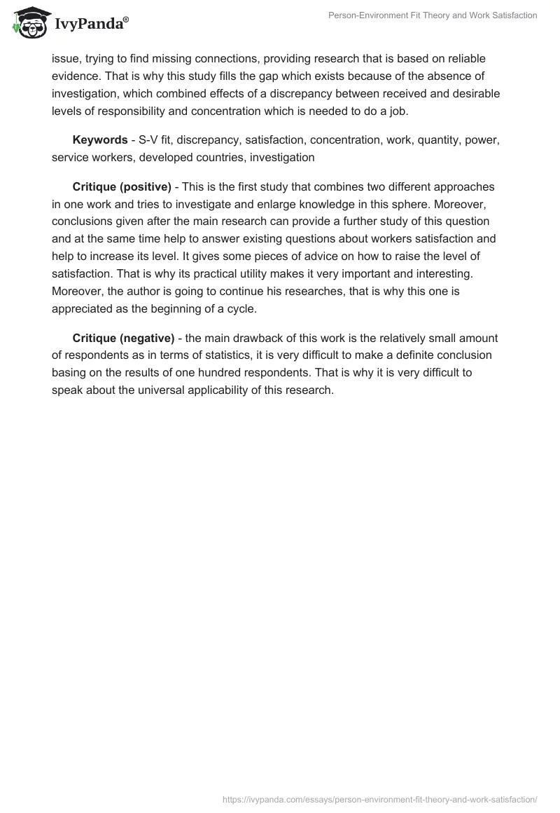 Person-Environment Fit Theory and Work Satisfaction. Page 2
