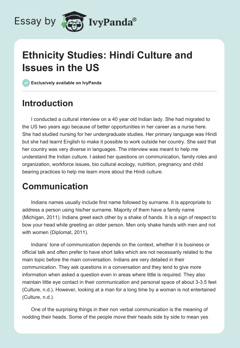 Ethnicity Studies: Hindi Culture and Issues in the US. Page 1