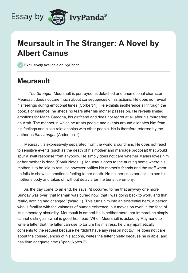 Meursault in "The Stranger": A Novel by Albert Camus. Page 1