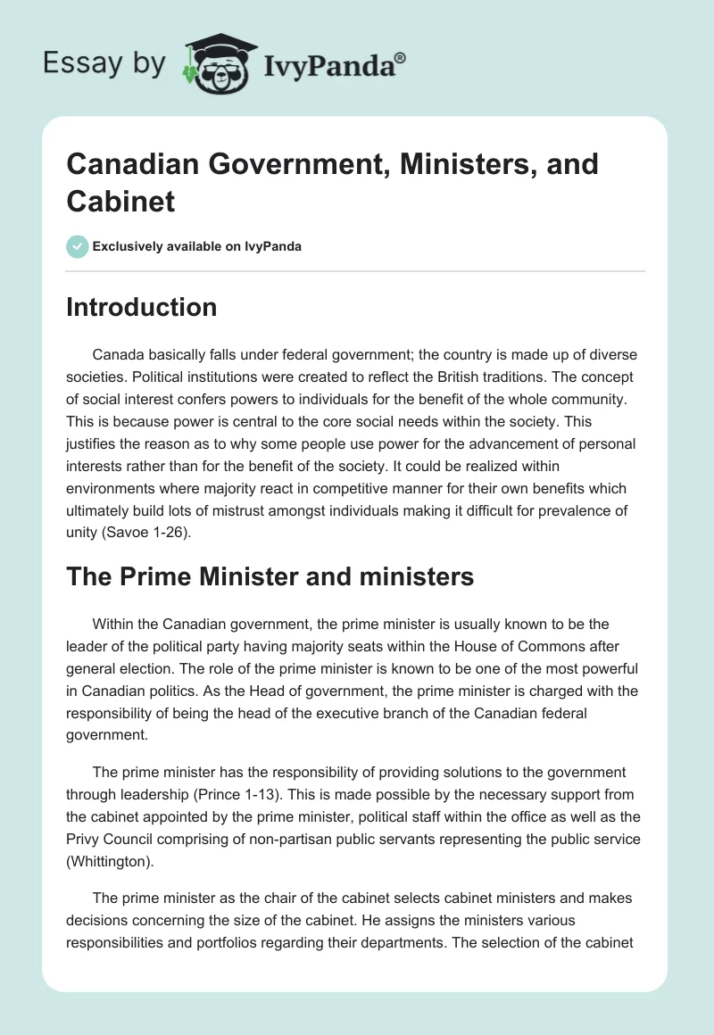 Canadian Government, Ministers, and Cabinet. Page 1