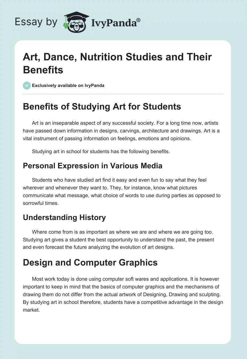 Art, Dance, Nutrition Studies and Their Benefits. Page 1