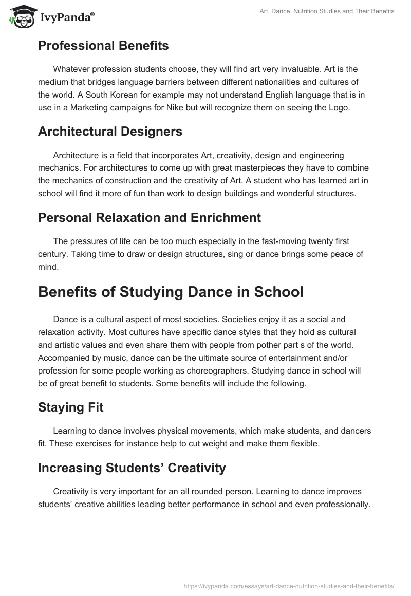 Art, Dance, Nutrition Studies and Their Benefits. Page 2