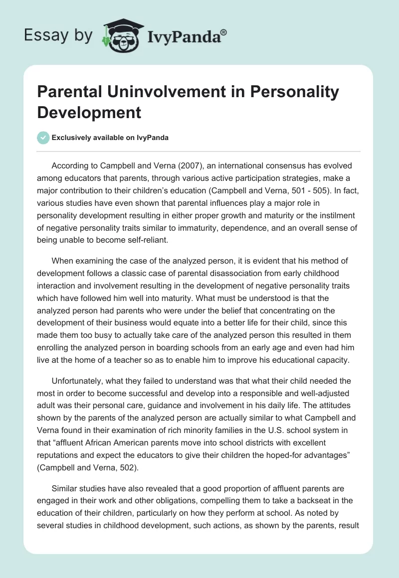 Parental Uninvolvement in Personality Development. Page 1