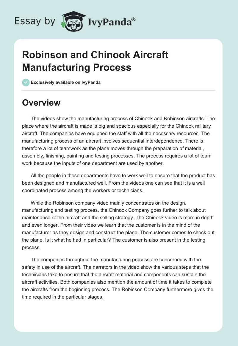 Robinson and Chinook Aircraft Manufacturing Process. Page 1