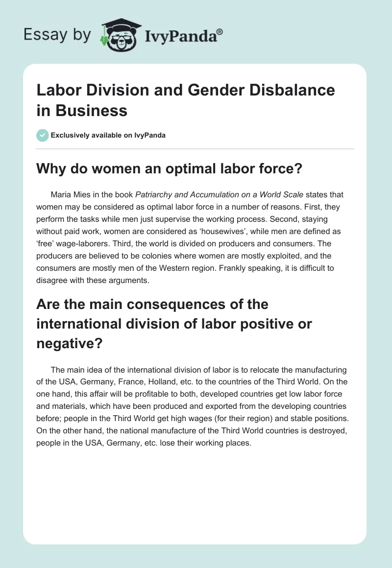 Labor Division and Gender Disbalance in Business. Page 1