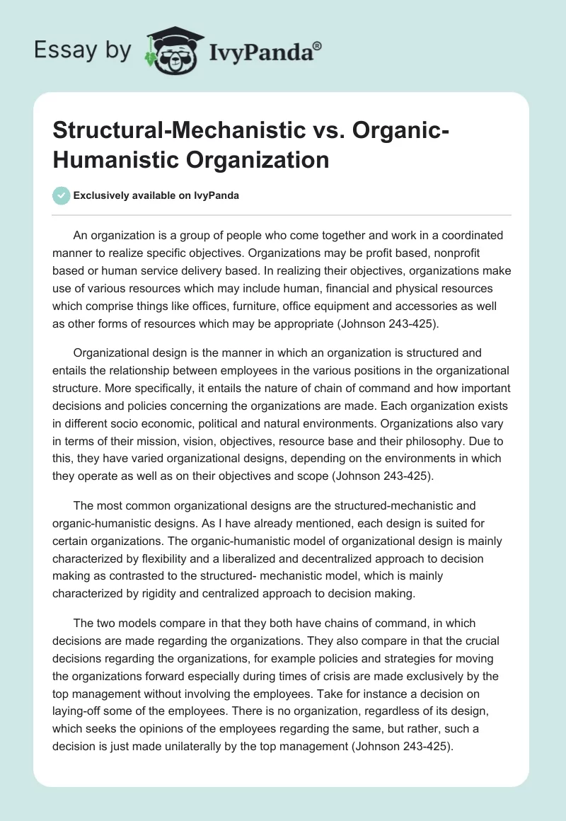 Structural-Mechanistic vs. Organic-Humanistic Organization. Page 1
