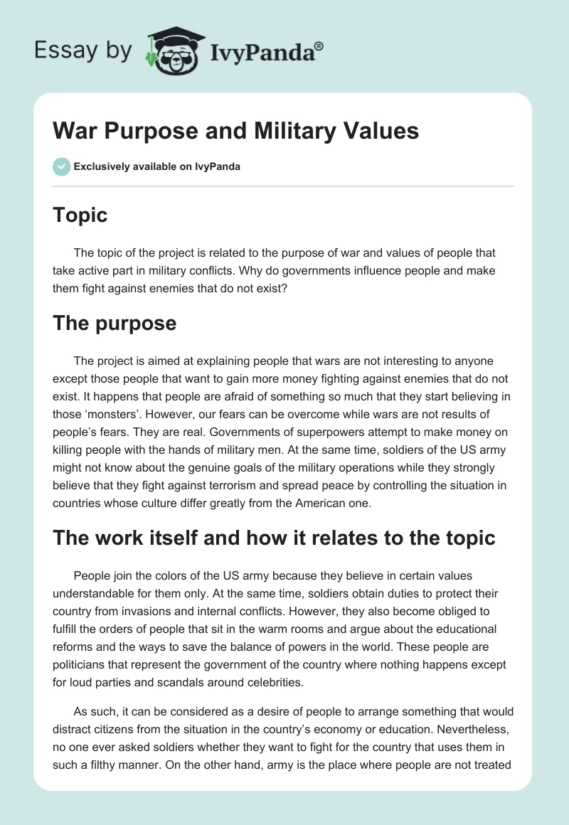 War Purpose and Military Values. Page 1