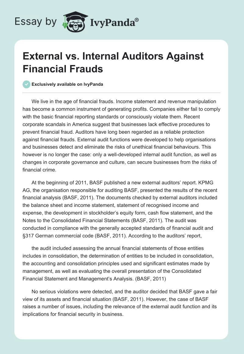 External vs. Internal Auditors Against Financial Frauds. Page 1