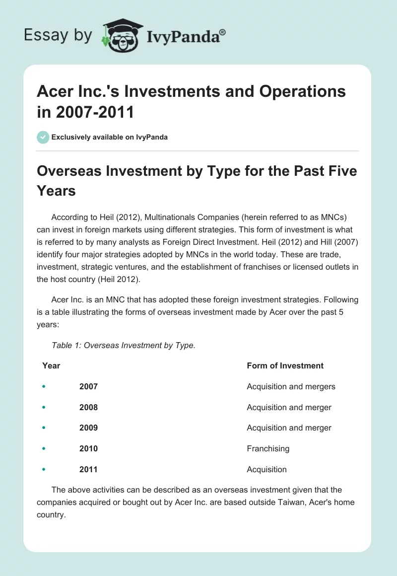 Acer Inc.'s Investments and Operations in 2007-2011. Page 1