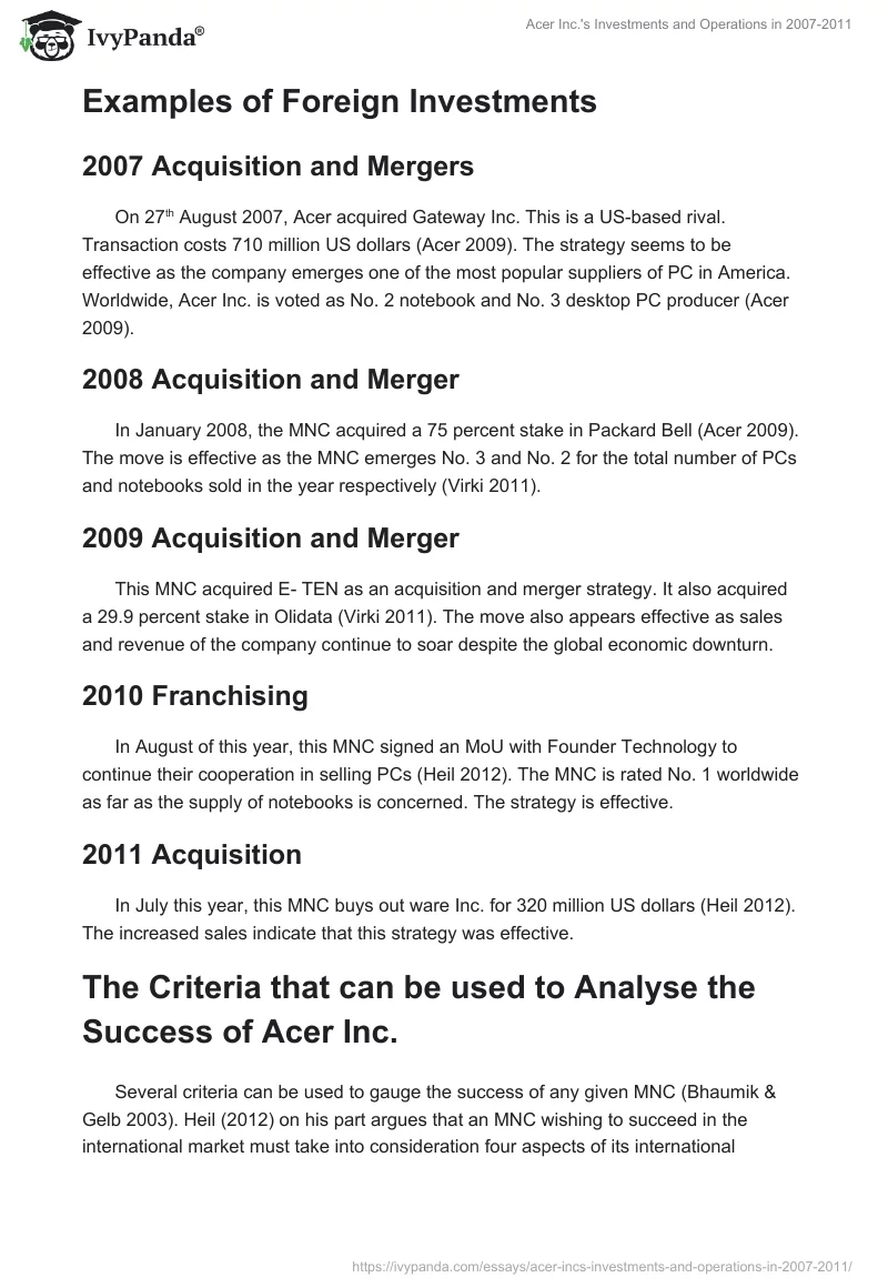 Acer Inc.'s Investments and Operations in 2007-2011. Page 2