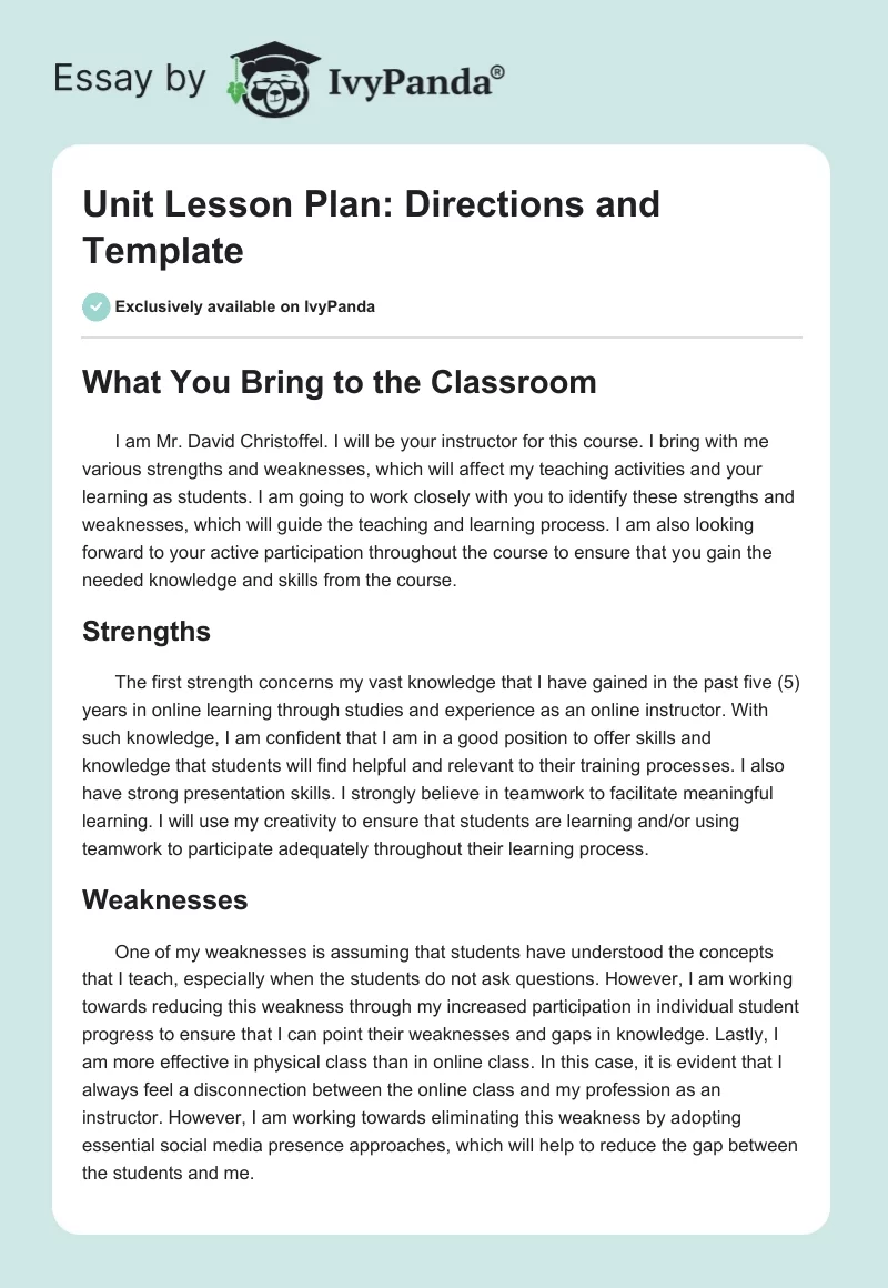 Unit Lesson Plan: Directions and Template. Page 1