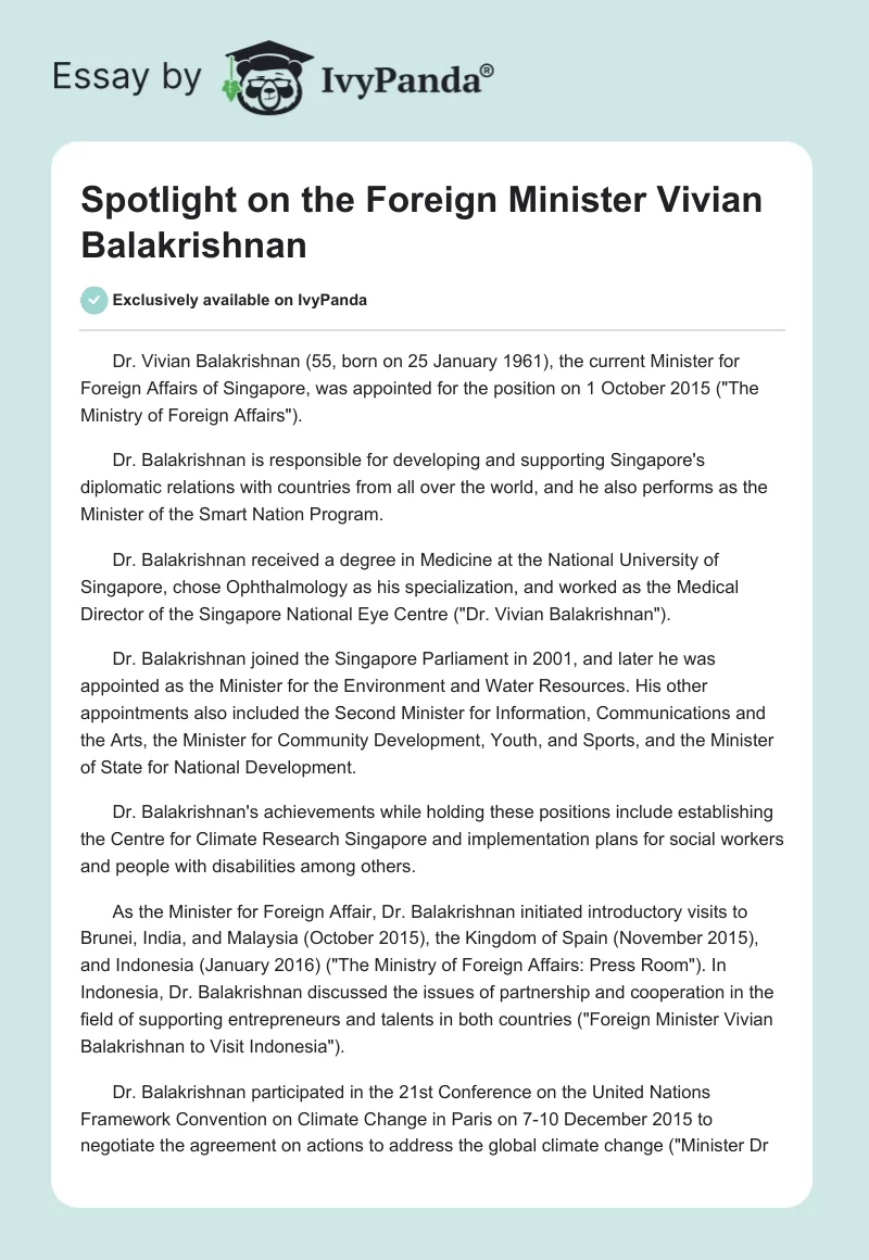 Spotlight on the Foreign Minister Vivian Balakrishnan. Page 1