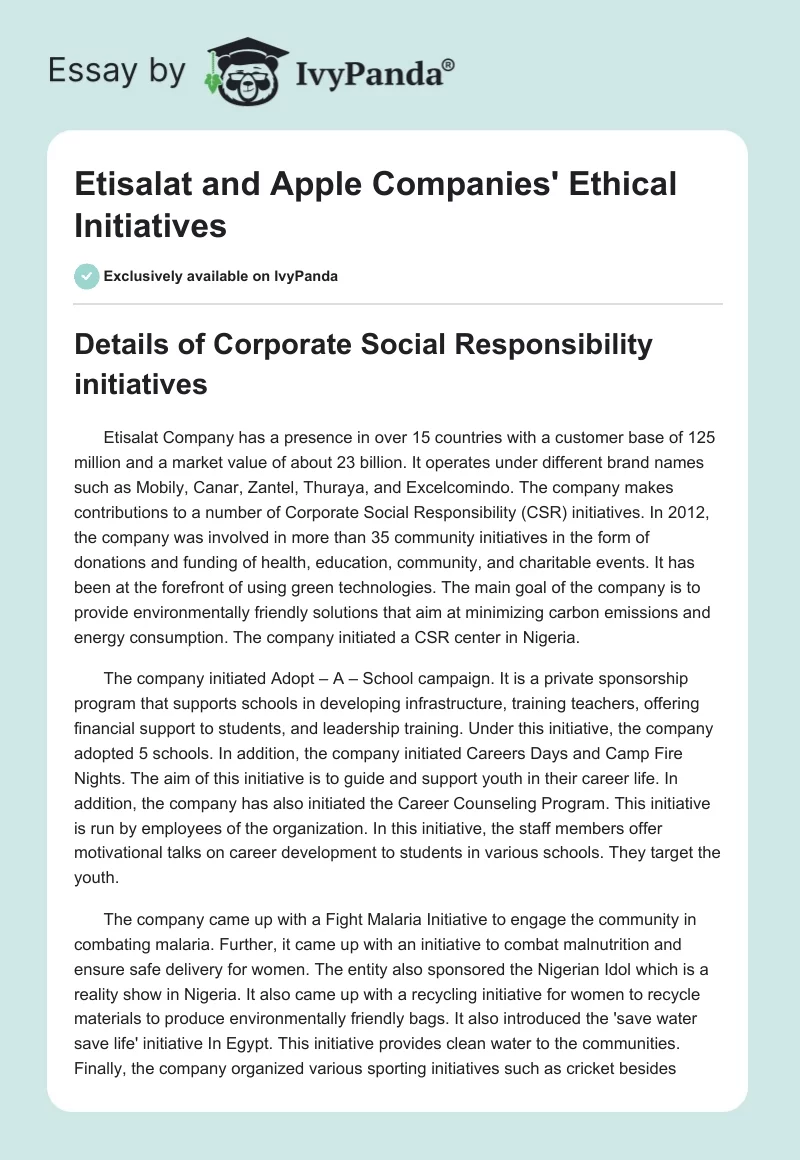 Etisalat and Apple Companies' Ethical Initiatives. Page 1