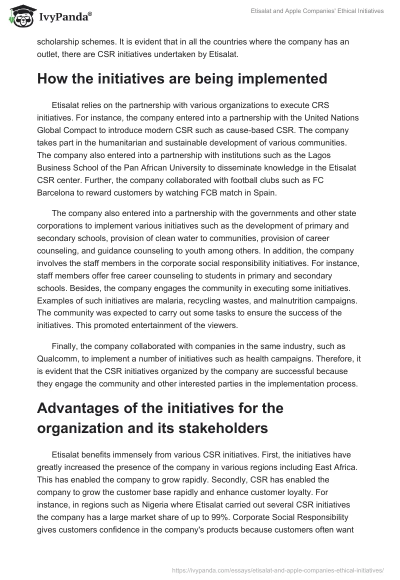 Etisalat and Apple Companies' Ethical Initiatives. Page 2