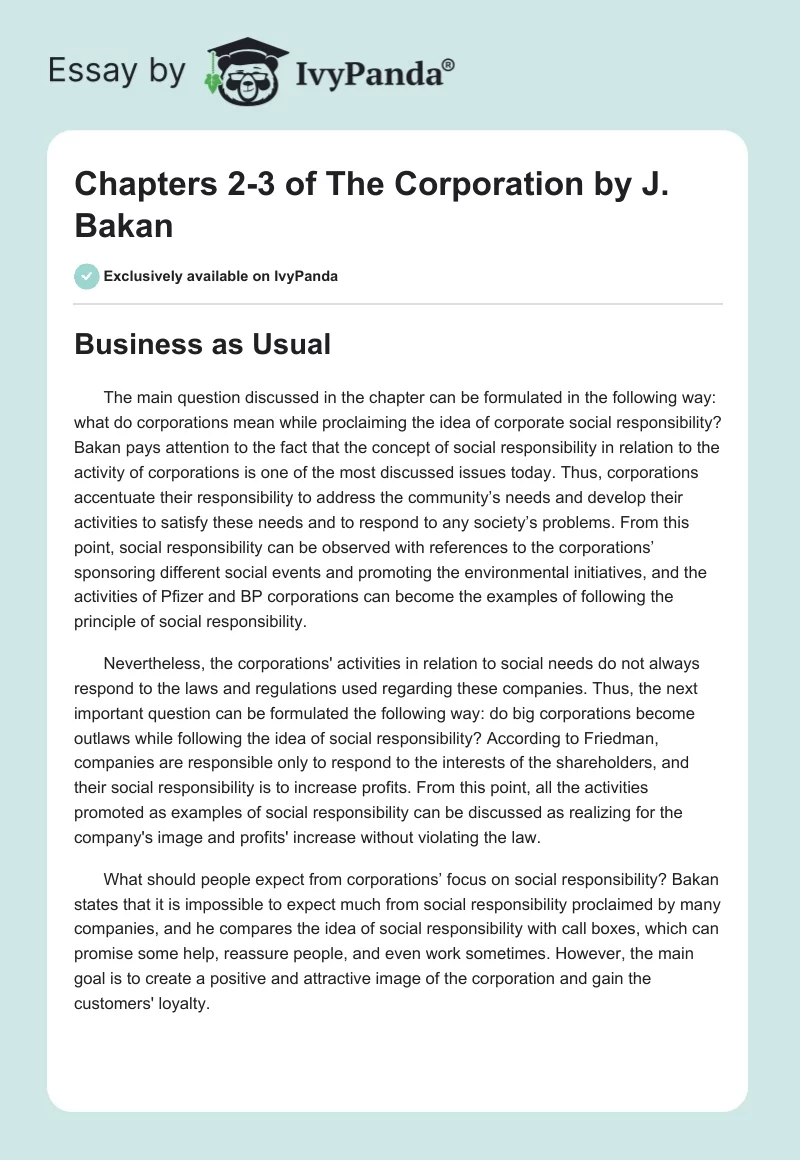 Chapters 2-3 of "The Corporation" by J. Bakan. Page 1