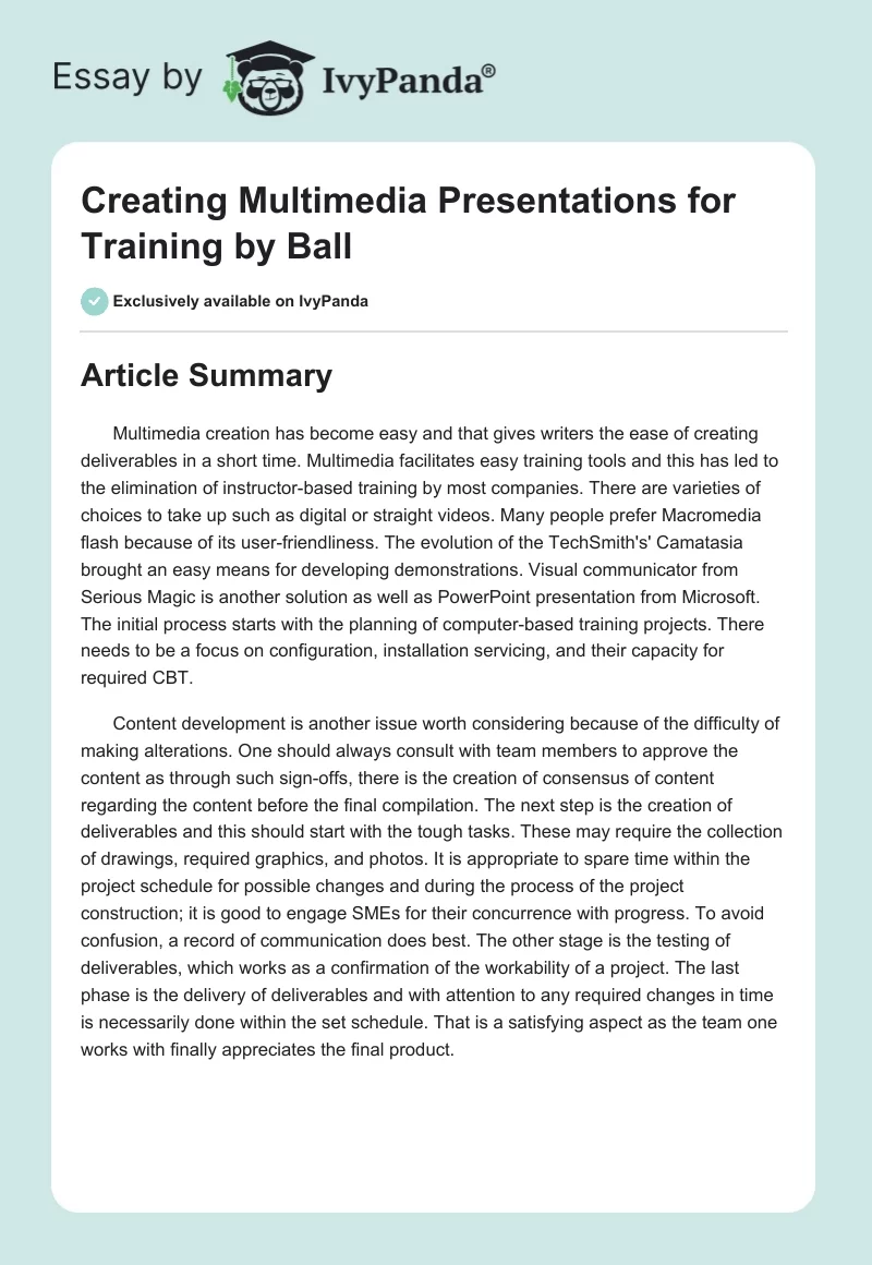 "Creating Multimedia Presentations for Training" by Ball. Page 1
