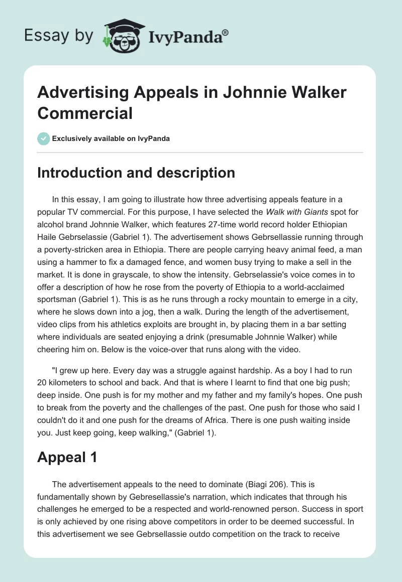 Advertising Appeals in Johnnie Walker Commercial. Page 1