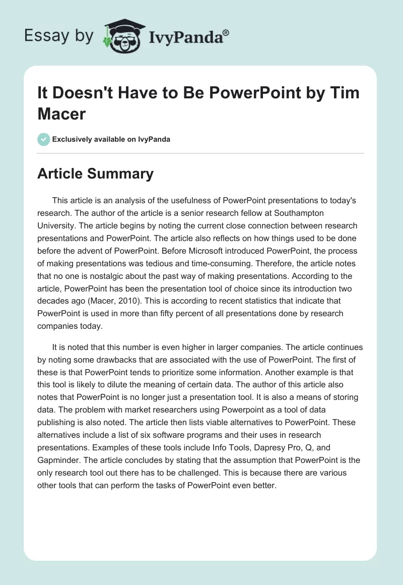 "It Doesn't Have to Be PowerPoint" by Tim Macer. Page 1