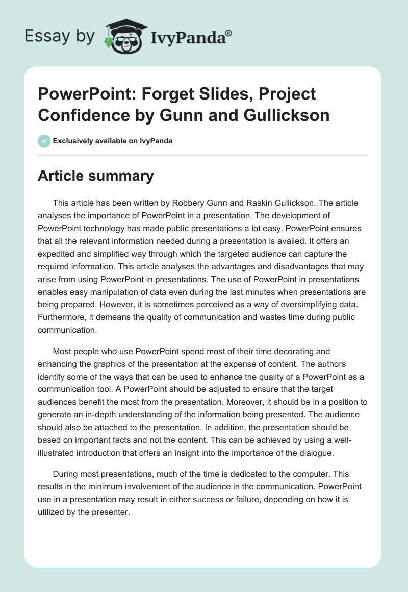 PowerPoint: "Forget Slides, Project Confidence" by Gunn and Gullickson. Page 1