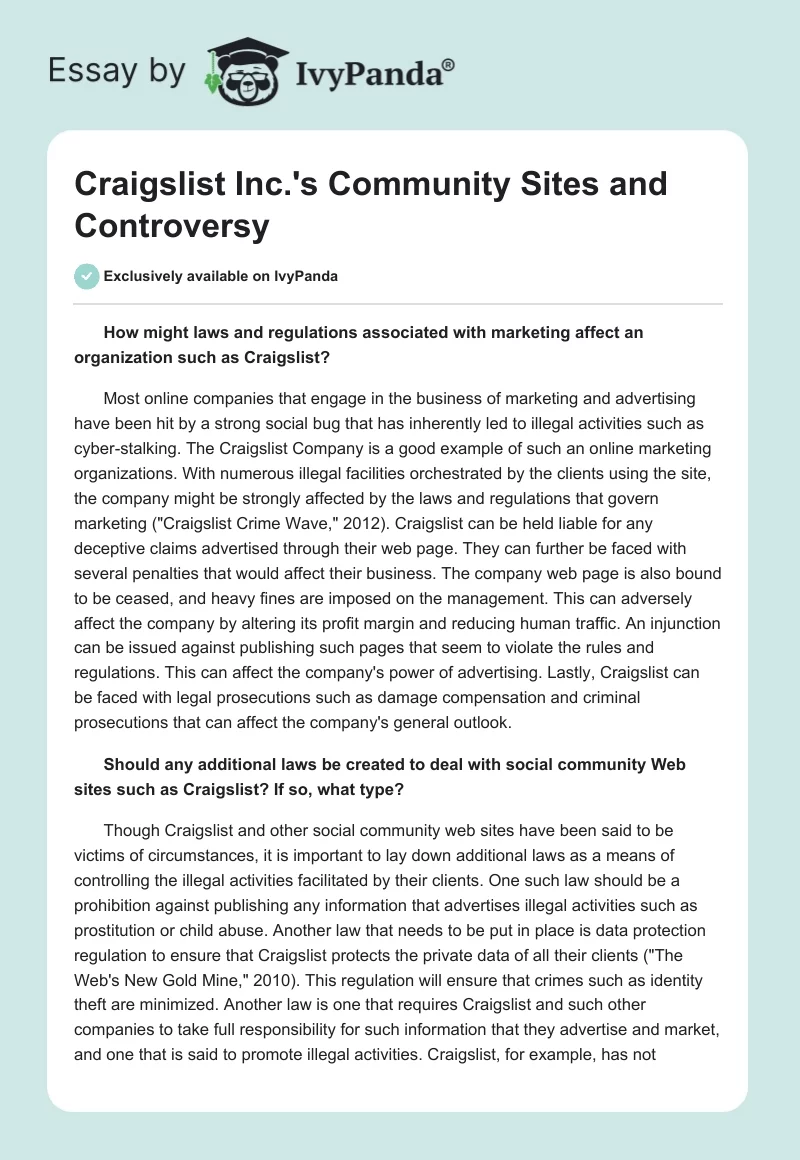 Craigslist Inc.'s Community Sites and Controversy. Page 1