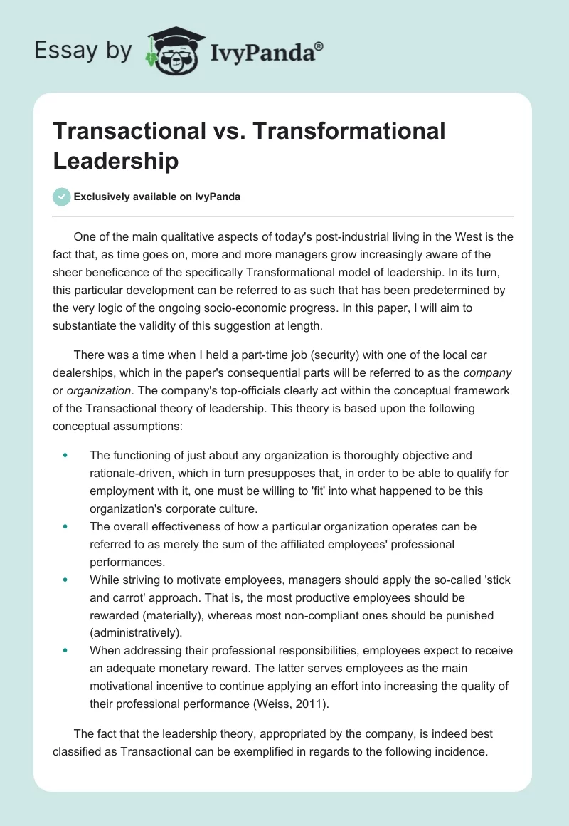 Transactional vs. Transformational Leadership. Page 1