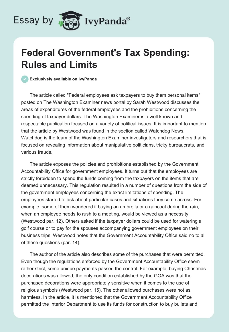 Federal Government's Tax Spending: Rules and Limits. Page 1