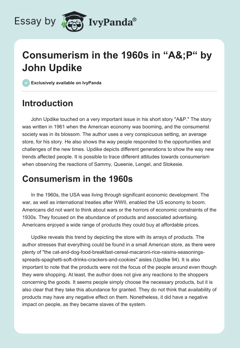 Consumerism in the 1960s in “A&;P“ by John Updike. Page 1