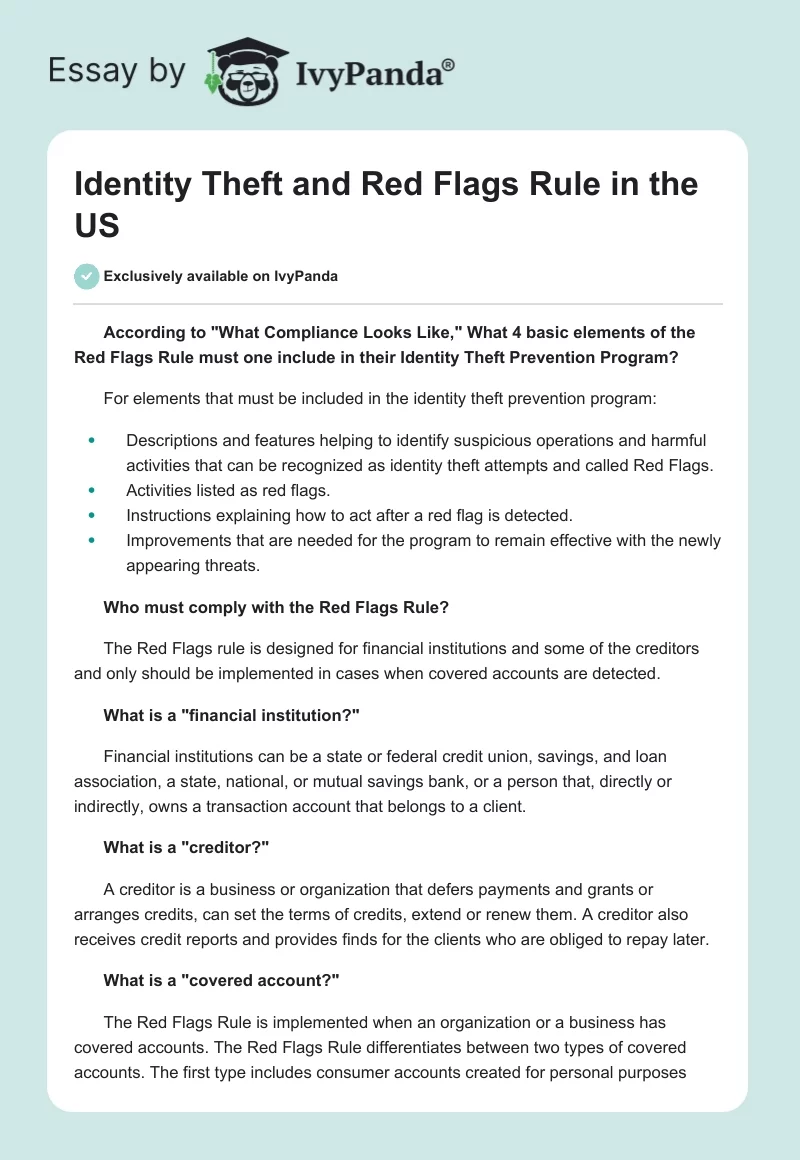 Identity Theft and Red Flags Rule in the US. Page 1