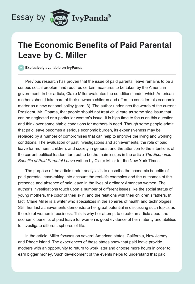 "The Economic Benefits of Paid Parental Leave" by C. Miller. Page 1