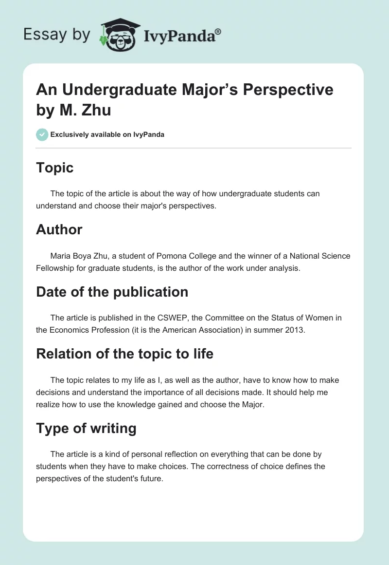 "An Undergraduate Major’s Perspective" by M. Zhu. Page 1